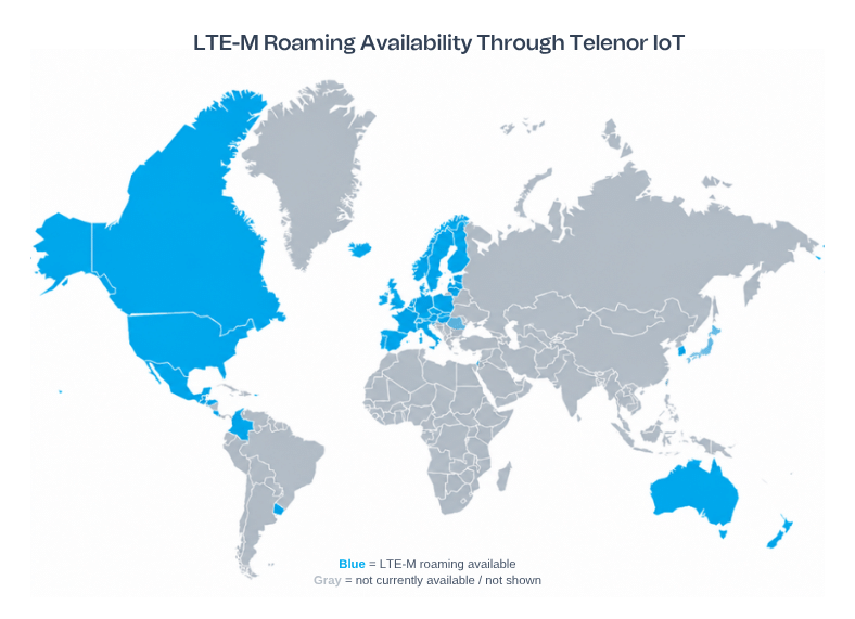 2026년 10월 기준 국가별 Telenor IoT LTE-M 로밍 이용 가능 여부를 보여주는 지도
